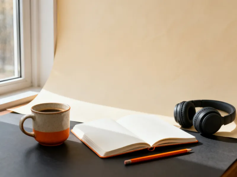 A calm desk with coffee, a notebook and headphones A calm desk with coffee, a notebook and headphones